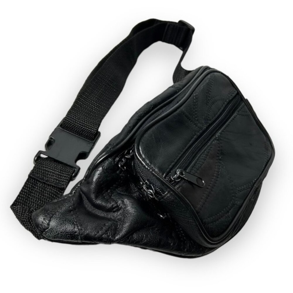 Vintage Black Leather Stitched Fanny Pack